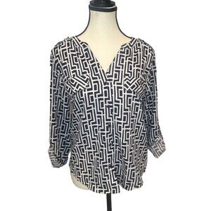 Adrienne Vittadini BLACK WHITE Geometric Blouse Roll Tab Sleeve Buttons Sz S NWT